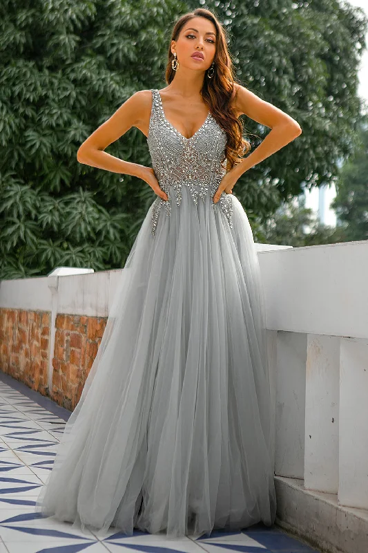 Grey V Neck Beaded Long Prom Dress