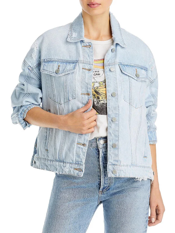 Womens Distressed Collared Denim Jacket