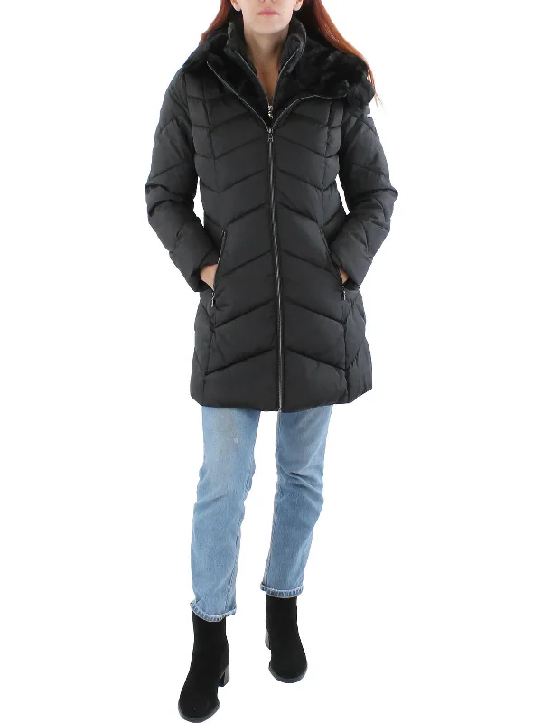 Womens Quilted Faux Fur Trim Puffer Jacket