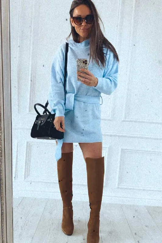 Sky blue: Billie Belted jumper dress knitted