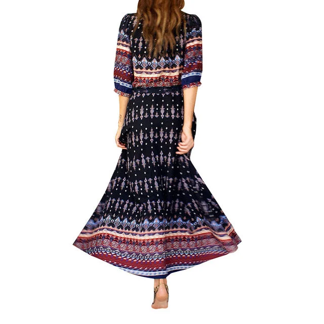 Bohemian Printing Long Dress Women V Neck Summer Dress Sexy Vestidos Clothing