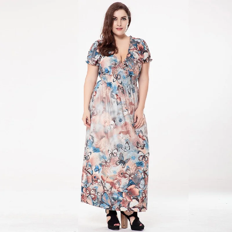 New Women Plus Size Bohemian Long Dress V Neck Short Sleeve Butterfly Casual Beach Maxi Dress Blue/Grey/Red