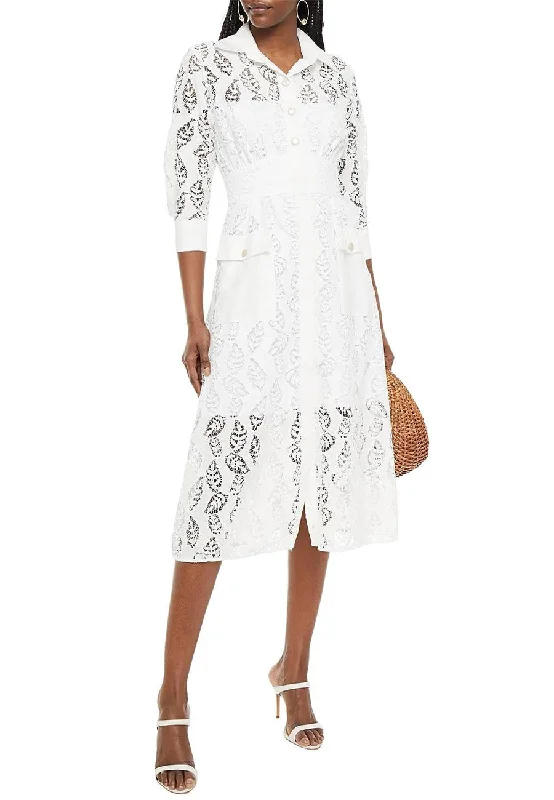 White Zenali Lacey Leaves Midi Dress