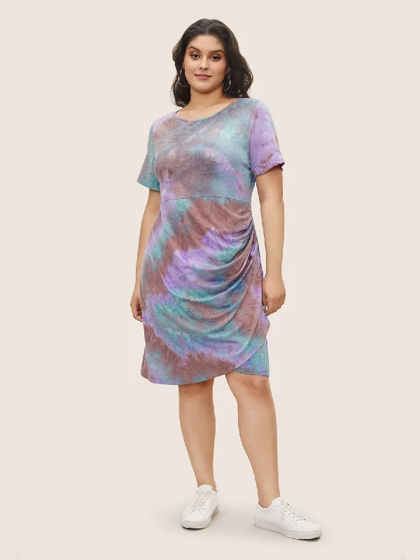 Tie Dye Ruched Round Neck Dress